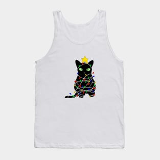 Christmas black kitty with fairy lights and star Tank Top